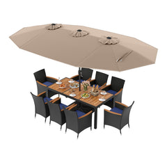 10 Piece Outdoor Patio Dining Set, 15 FT Double-Sided Twin Umbrella, 8 Stackable Rattan Chairs and Acacia Wood Table, Brown