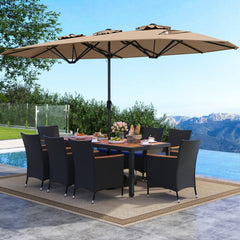 10 Piece Outdoor Patio Dining Set, 15 FT Double-Sided Twin Umbrella, 8 Stackable Rattan Chairs and Acacia Wood Table, Brown