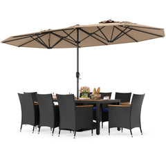 10 Piece Outdoor Patio Dining Set, 15 FT Double-Sided Twin Umbrella, 8 Stackable Rattan Chairs and Acacia Wood Table, Brown