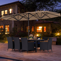 10 Piece Outdoor Patio Dining Set, 15 FT Double-Sided Twin Umbrella, 8 Stackable Rattan Chairs and Acacia Wood Table, Brown