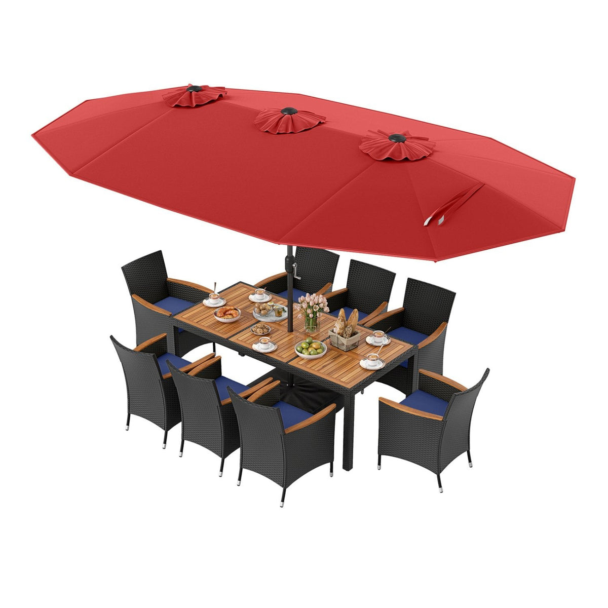 10 Piece Outdoor Patio Dining Set, 15 FT Double-Sided Twin Umbrella, 8 Stackable Rattan Chairs and Acacia Wood Table, Red