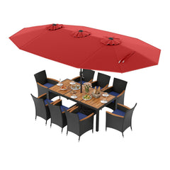 10 Piece Outdoor Patio Dining Set, 15 FT Double-Sided Twin Umbrella, 8 Stackable Rattan Chairs and Acacia Wood Table, Red