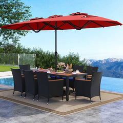 10 Piece Outdoor Patio Dining Set, 15 FT Double-Sided Twin Umbrella, 8 Stackable Rattan Chairs and Acacia Wood Table, Red