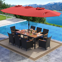 10 Piece Outdoor Patio Dining Set, 15 FT Double-Sided Twin Umbrella, 8 Stackable Rattan Chairs and Acacia Wood Table, Red