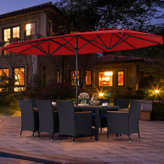 10 Piece Outdoor Patio Dining Set, 15 FT Double-Sided Twin Umbrella, 8 Stackable Rattan Chairs and Acacia Wood Table, Red