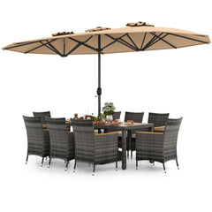 10 Piece Patio Wicker Dining Set with 15 FT Double-Sided Umbrella, 75 Inch Acacia Topped Table and 8 Grey Wicker Armchairs