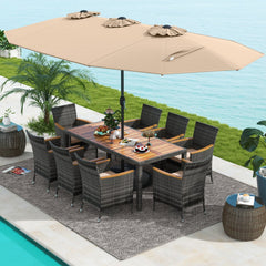 10 Piece Patio Wicker Dining Set with 15 FT Double-Sided Umbrella, 75 Inch Acacia Topped Table and 8 Grey Wicker Armchairs