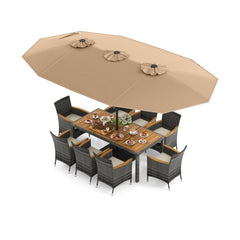 10 Piece Patio Wicker Dining Set with 15 FT Double-Sided Umbrella, 75 Inch Acacia Topped Table and 8 Grey Wicker Armchairs