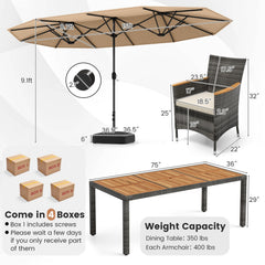 10 Piece Patio Wicker Dining Set with 15 FT Double-Sided Umbrella, 75 Inch Acacia Topped Table and 8 Grey Wicker Armchairs