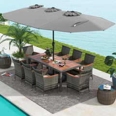 10 Piece Grey Wicker Patio Dining Set with 15 FT Double-Sided Umbrella, 75 Inch Acacia Topped Table and 8 Armchairs