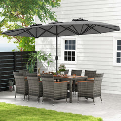 10 Piece Grey Wicker Patio Dining Set with 15 FT Double-Sided Umbrella, 75 Inch Acacia Topped Table and 8 Armchairs