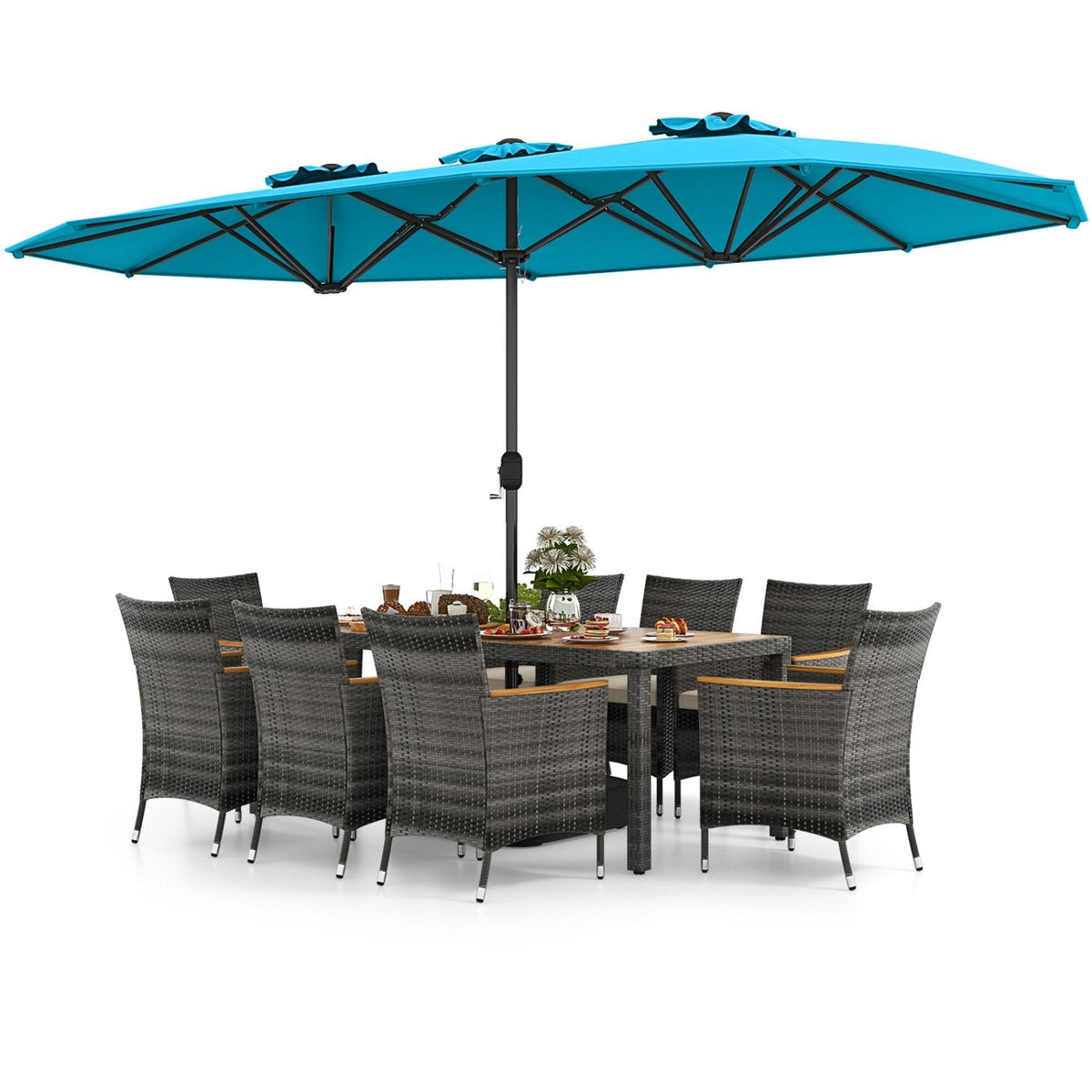 10 Piece Patio Wicker Dining Set with 15 FT Double-Sided Turquoise Umbrella, 75 Inch Acacia Table and 8 Armchairs