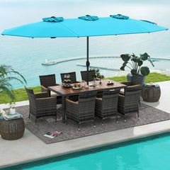 10 Piece Patio Wicker Dining Set with 15 FT Double-Sided Turquoise Umbrella, 75 Inch Acacia Table and 8 Armchairs