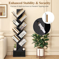 10-Tier Bookshelf with Drawer Free-standing Storage Bookcase-Black