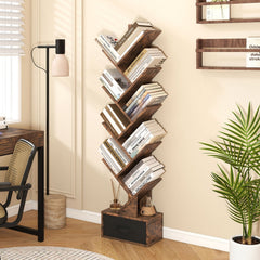 10 Tier Tree Bookshelf with Fabric Drawer, Narrow Bookcase, Rustic Brown
