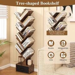 10 Tier Tree Bookshelf with Fabric Drawer, Narrow Bookcase, Rustic Brown