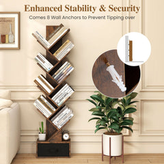 10 Tier Tree Bookshelf with Fabric Drawer, Narrow Bookcase, Rustic Brown