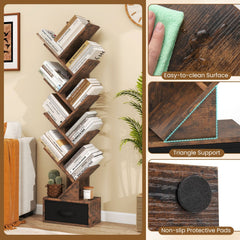 10 Tier Tree Bookshelf with Fabric Drawer, Narrow Bookcase, Rustic Brown