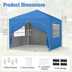 10 X 10 FT Pop up Canopy Tent with 4 Removable Sidewall-Blue