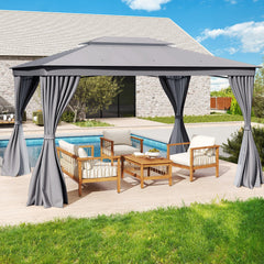10 x 13 Feet Patio Gazebo Double-Roof with Mesh Netting and Privacy Curtains-Gray