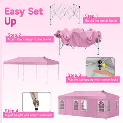 10 x 20 FT Pop Up Canopy Tent with 6 Sidewalls and Adjustable Height-Pink