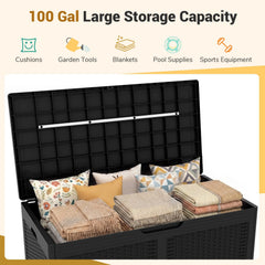 100 Gallon Resin Deck Box Outdoor Waterproof Storage Bench-Black