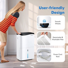 100 Pint Smart Wifi Dehumidifier with App and Alexa Control, 1.3 Gallon Tank, Auto Defrost, White