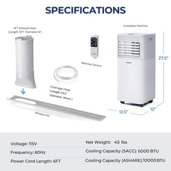 10000 BTU Air Cooler with Fan and Dehumidifier Mode, White, Self-Evaporating, 350 sq ft