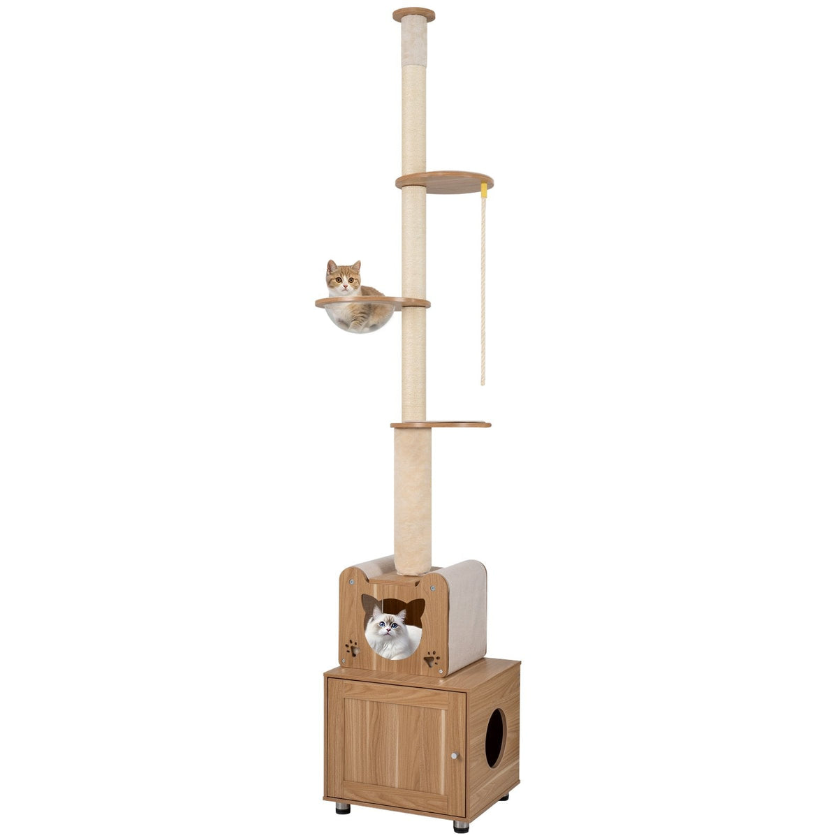 101 to 108.5 Inch Floor to Ceiling Cat Tree with Hidden Litter Box Cabinet and Space Capsule, Brown