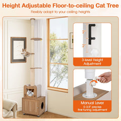 101 to 108.5 Inch Floor to Ceiling Cat Tree with Hidden Litter Box Cabinet and Space Capsule, Brown