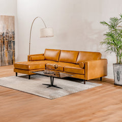 105 in Air Leather L Shaped Sectional Sofa with Chaise, 9 Birch Legs and 2 Bolster Pillows, Golden Brown