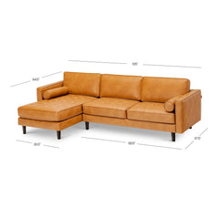 105 in Air Leather L Shaped Sectional Sofa with Chaise, 9 Birch Legs and 2 Bolster Pillows, Golden Brown