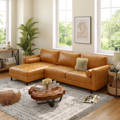 105 in Air Leather L Shaped Sectional Sofa with Chaise, 9 Birch Legs and 2 Bolster Pillows, Golden Brown