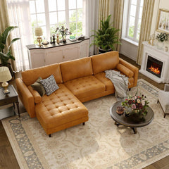 105 in Air Leather L Shaped Sectional Sofa with Chaise, 9 Birch Legs and 2 Bolster Pillows, Golden Brown