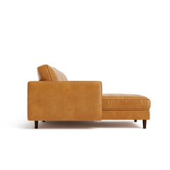 105 in Air Leather L Shaped Sectional Sofa with Chaise, 9 Birch Legs and 2 Bolster Pillows, Golden Brown