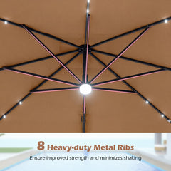10 FT Cantilever Patio Umbrella with Solar LED Lights for Pool and Garden-Brown
