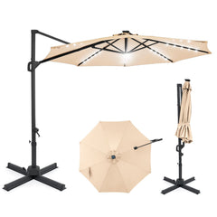 10 FT Cantilever Patio Umbrella with Solar LED Lights 360° Rotation-Beige