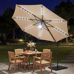 10 FT Cantilever Patio Umbrella with Solar LED Lights 360° Rotation-Beige