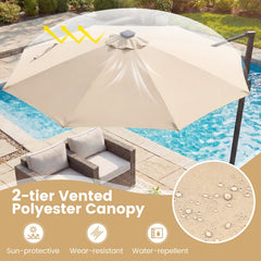 10 FT Cantilever Patio Umbrella with Solar LED Lights 360° Rotation-Beige