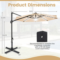 10 FT Cantilever Patio Umbrella with Solar LED Lights 360° Rotation-Beige