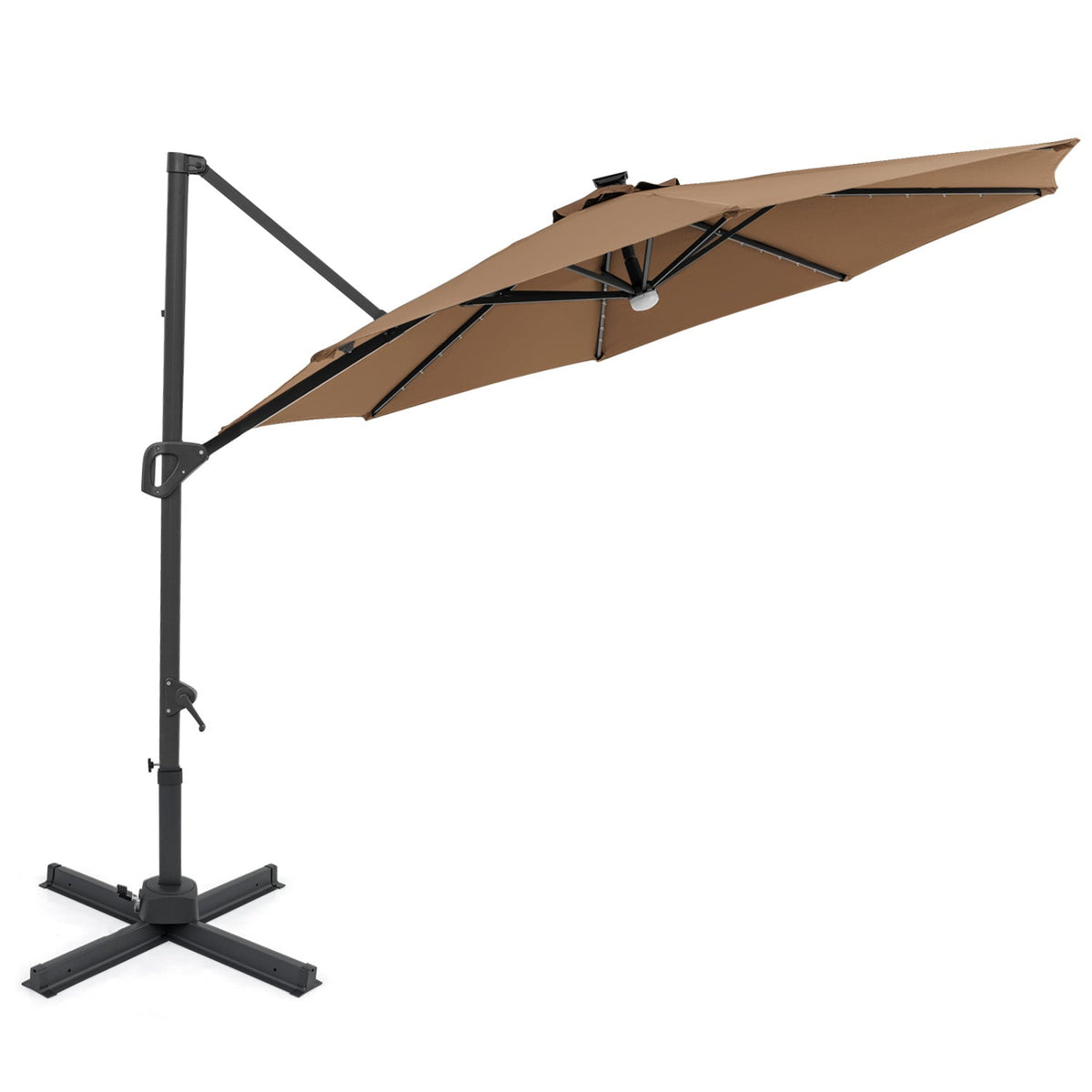 10 FT Cantilever Patio Umbrella with Solar LED Lights 360° Rotation-Brown