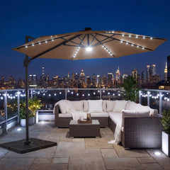 10 FT Cantilever Patio Umbrella with Solar LED Lights 360° Rotation-Brown