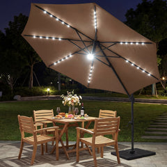 10 FT Cantilever Patio Umbrella with Solar LED Lights 360° Rotation-Brown