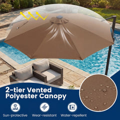 10 FT Cantilever Patio Umbrella with Solar LED Lights 360° Rotation-Brown