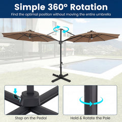 10 FT Cantilever Patio Umbrella with Solar LED Lights 360° Rotation-Brown