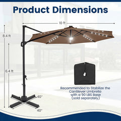 10 FT Cantilever Patio Umbrella with Solar LED Lights 360° Rotation-Brown