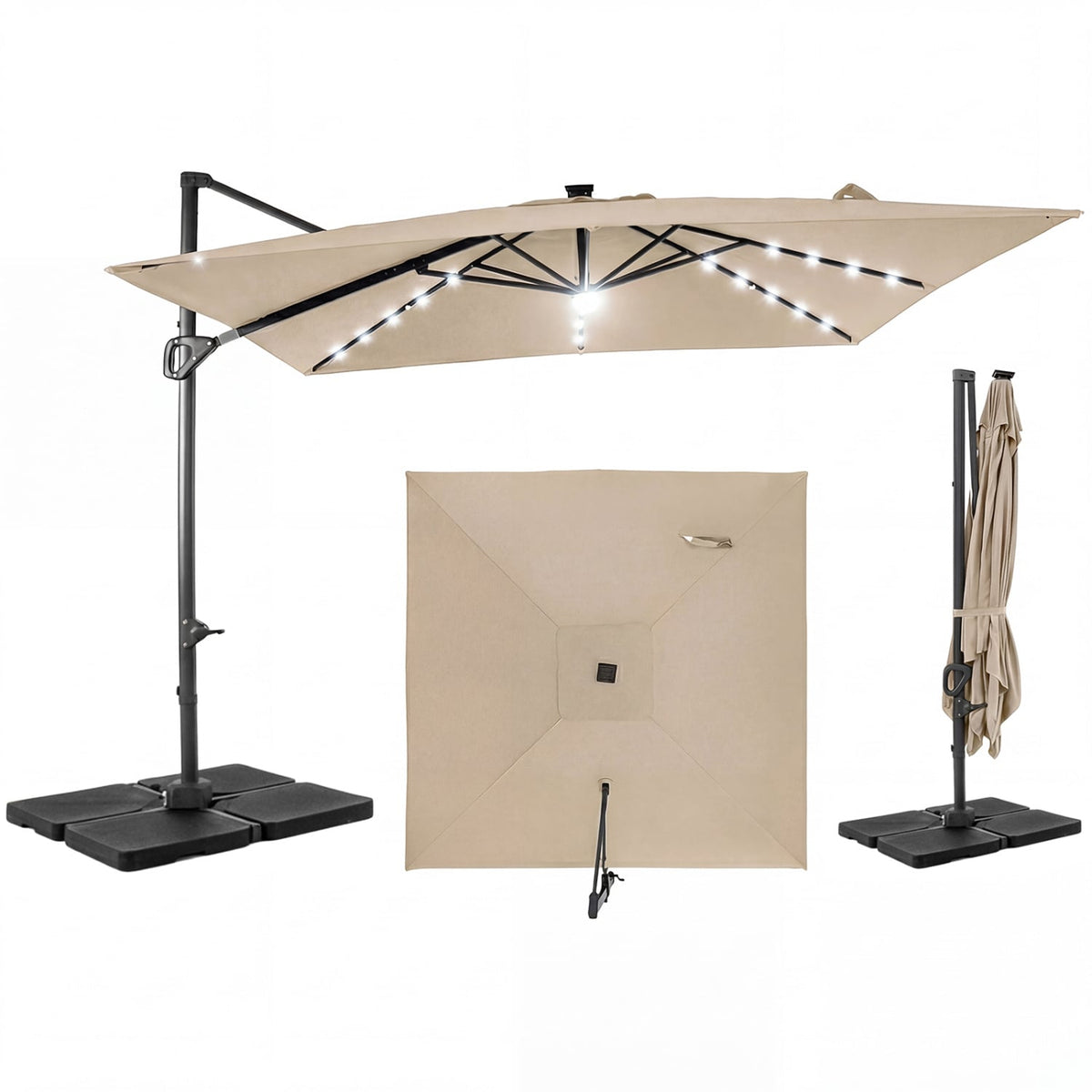 10 FT Cantilever Patio Umbrella with 32 Solar LED Lights and 220 LBS Base-Beige