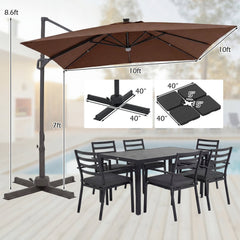 10 FT Cantilever Patio Umbrella with 32 Solar LED Lights and 220 LBS Base-Brown