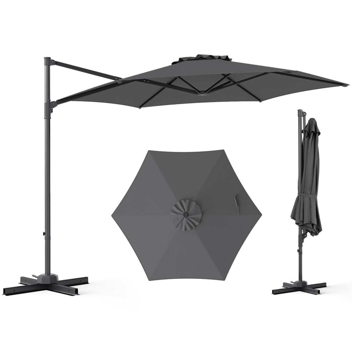 10 FT Patio Cantilever Umbrella with 360° Rotation and Air Vent for Backyard and Poolside-Gray