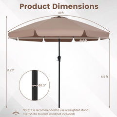 10 FT Scalloped Patio Umbrella with Push Button Tilt and 8 Fiberglass Ribs-Brown